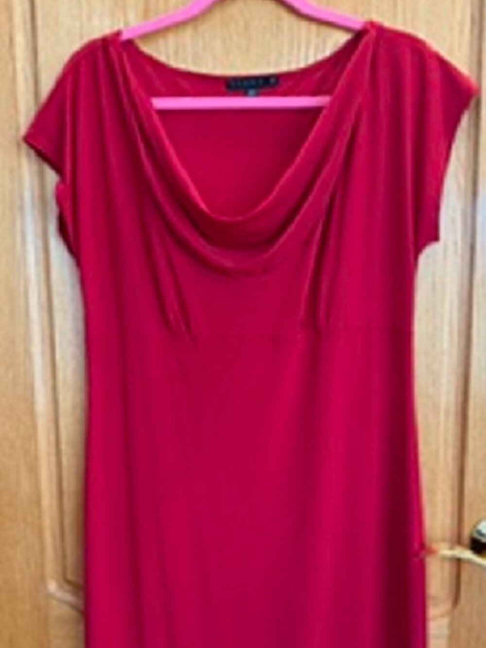 Tiana B. Solid Red /Black Trim Pullover Short Sleeve Cowl Neckline Dress Sz: L